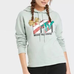 MTV Women Green Music Television Christmas Holiday Hoodie Sweatshirt Top XS NWT